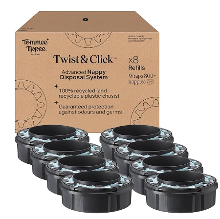  Tommee Tippee Twist and Click Advanced Nappy Bin Original Refill Cassettes: Great Value with the Exclusive 8-Pack